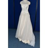 WEDDING DRESS, champagne, satin bodice, tulle skirt, beaded appliques, off the shoulder, approximate