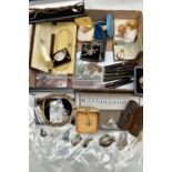 A BOX OF ASSORTED SILVER AND COSTUME JEWELLERY, to include a silver floral detailed oval locket,