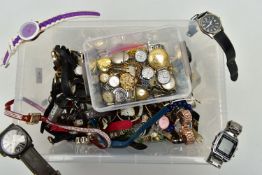 A PLASTIC BOX OF ASSORTED LADY'S AND GENT'S FASHION WRISTWATCHES, mostly quartz movements, names