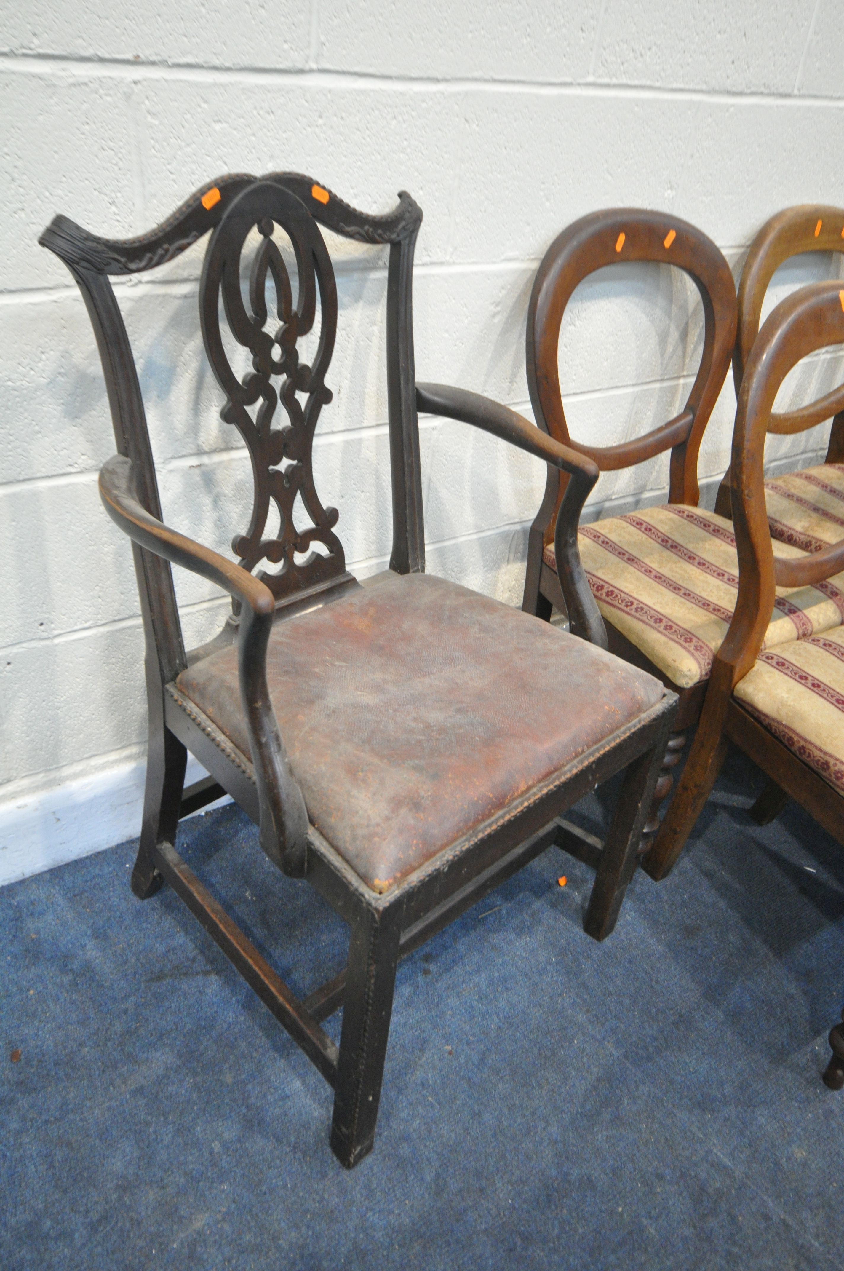 A SET OF SIX MAHOGANY BALLOON BACK DINING CHAIRS, with stripped seat pads, and a Chippendale style - Image 3 of 4