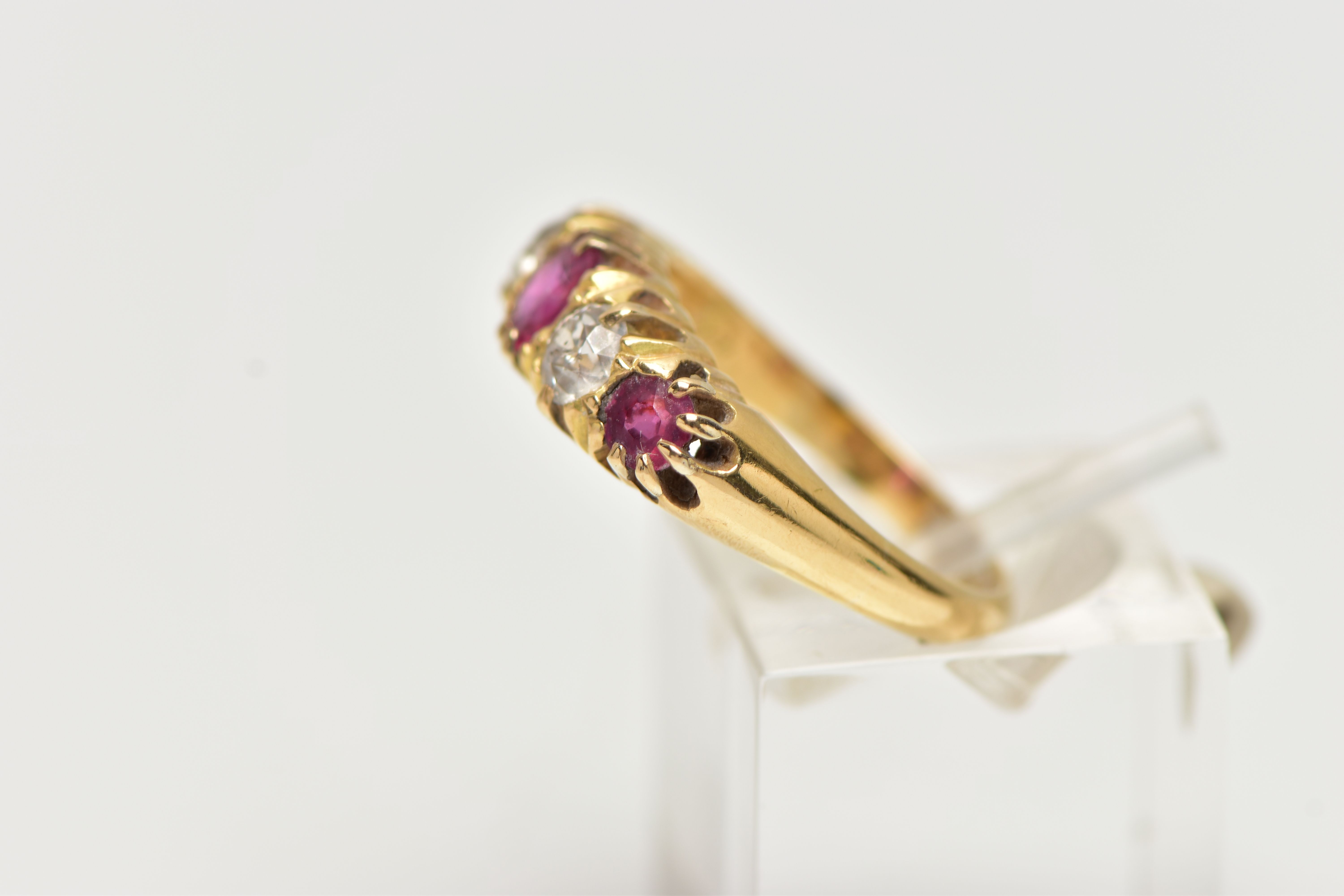 AN EARLY 20TH CENTURY 18CT GOLD, RUBY AND DIAMOND RING, designed with three circular cut rubies, - Image 2 of 5