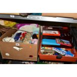 A BOX OF HABERDASHERY AND ARTIST'S CASE, to include Rowney watercolours, Caran D'Ache pencils,