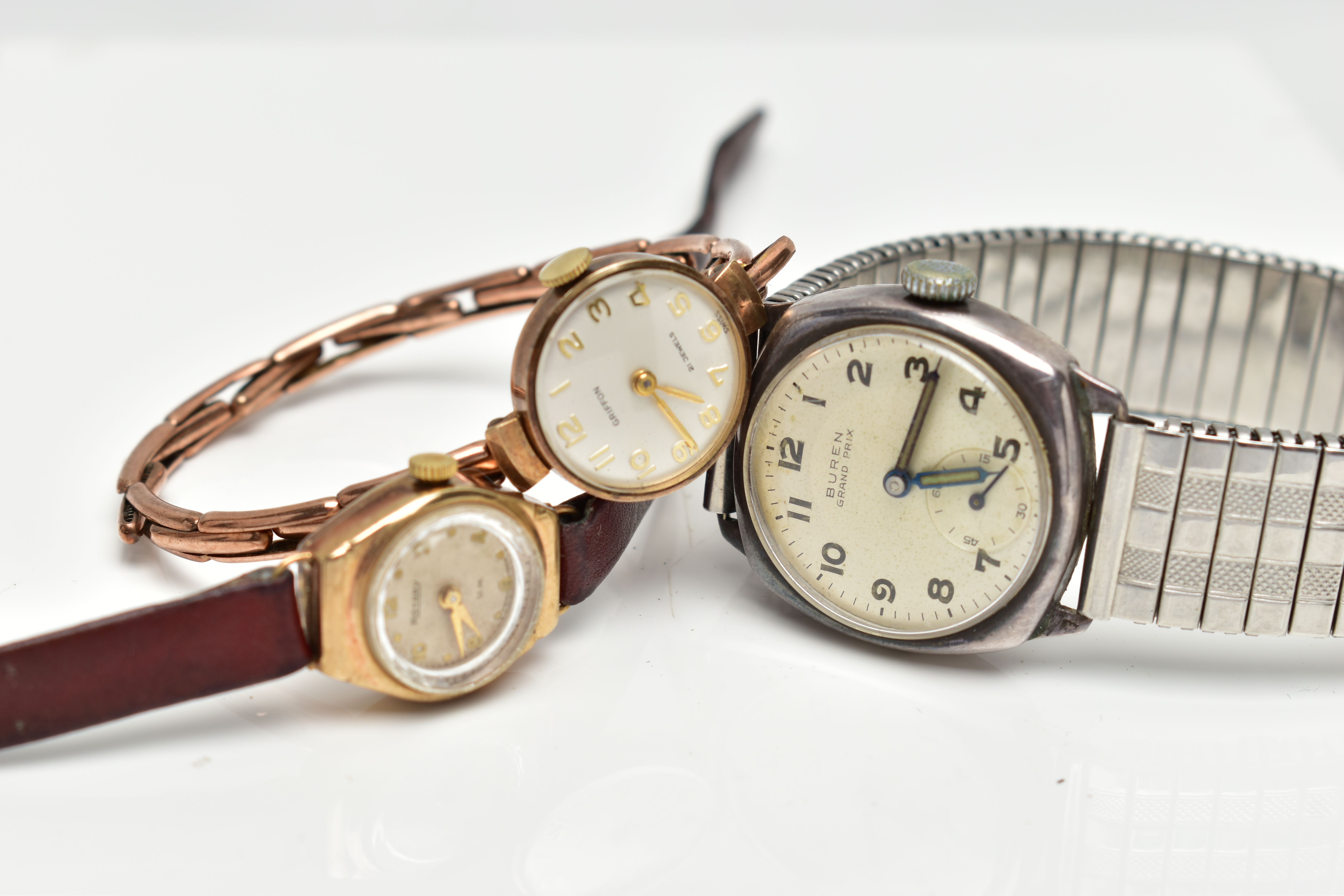 TWO LADY'S 9CT GOLD WRISTWATCHES AND A 'BUREN' WRISTWATCH, the first manual wind 'Griffon' watch, - Image 3 of 6