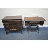A VINTAGE SINGER TREADLE SEWING MACHINE, width 93cm x depth 47cm x height 79cm, and an unbranded oak