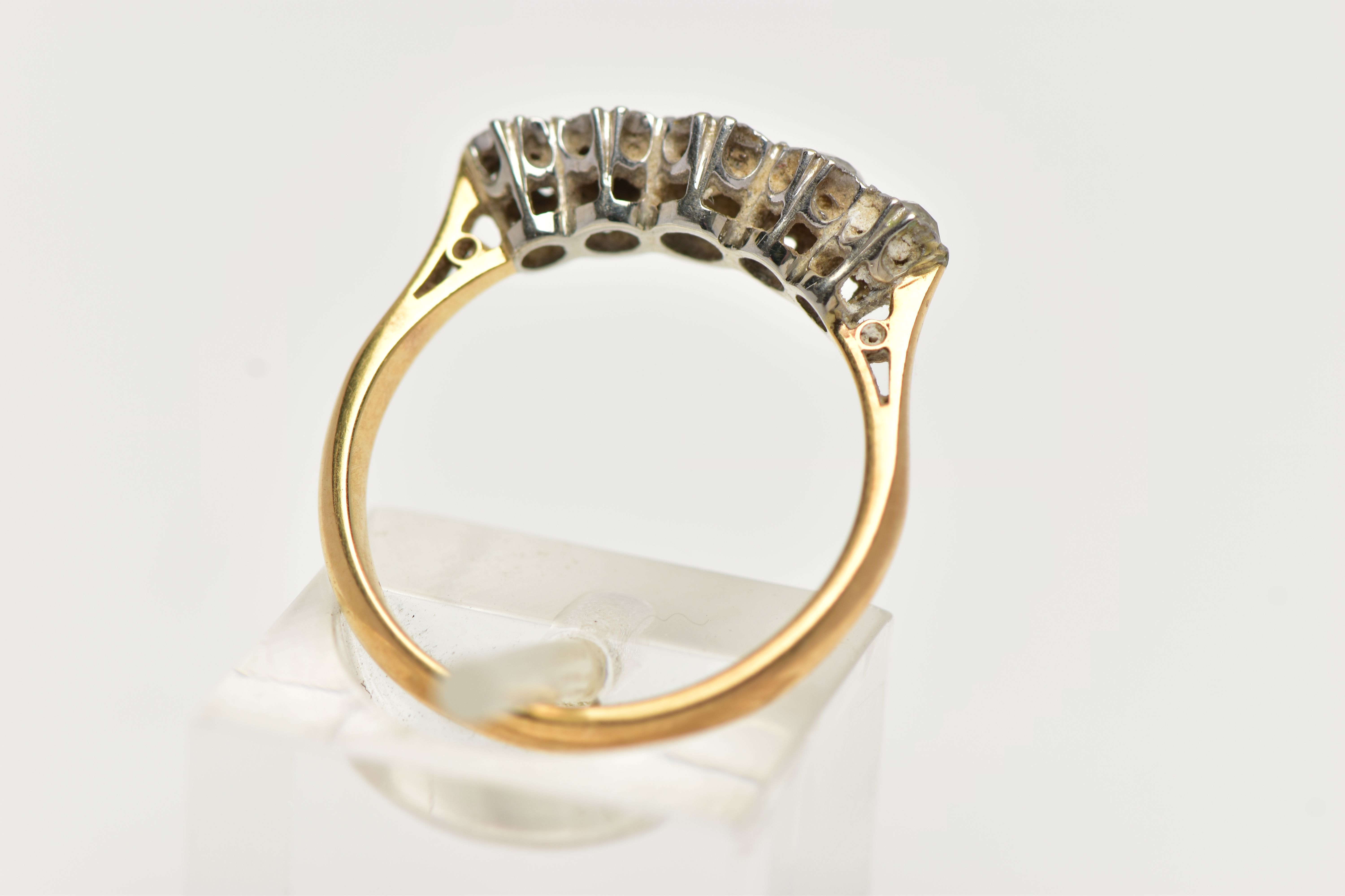 A YELLOW METAL, FIVE STONE DIAMOND RING, set with five graduating, old cut diamonds, estimated total - Image 3 of 4