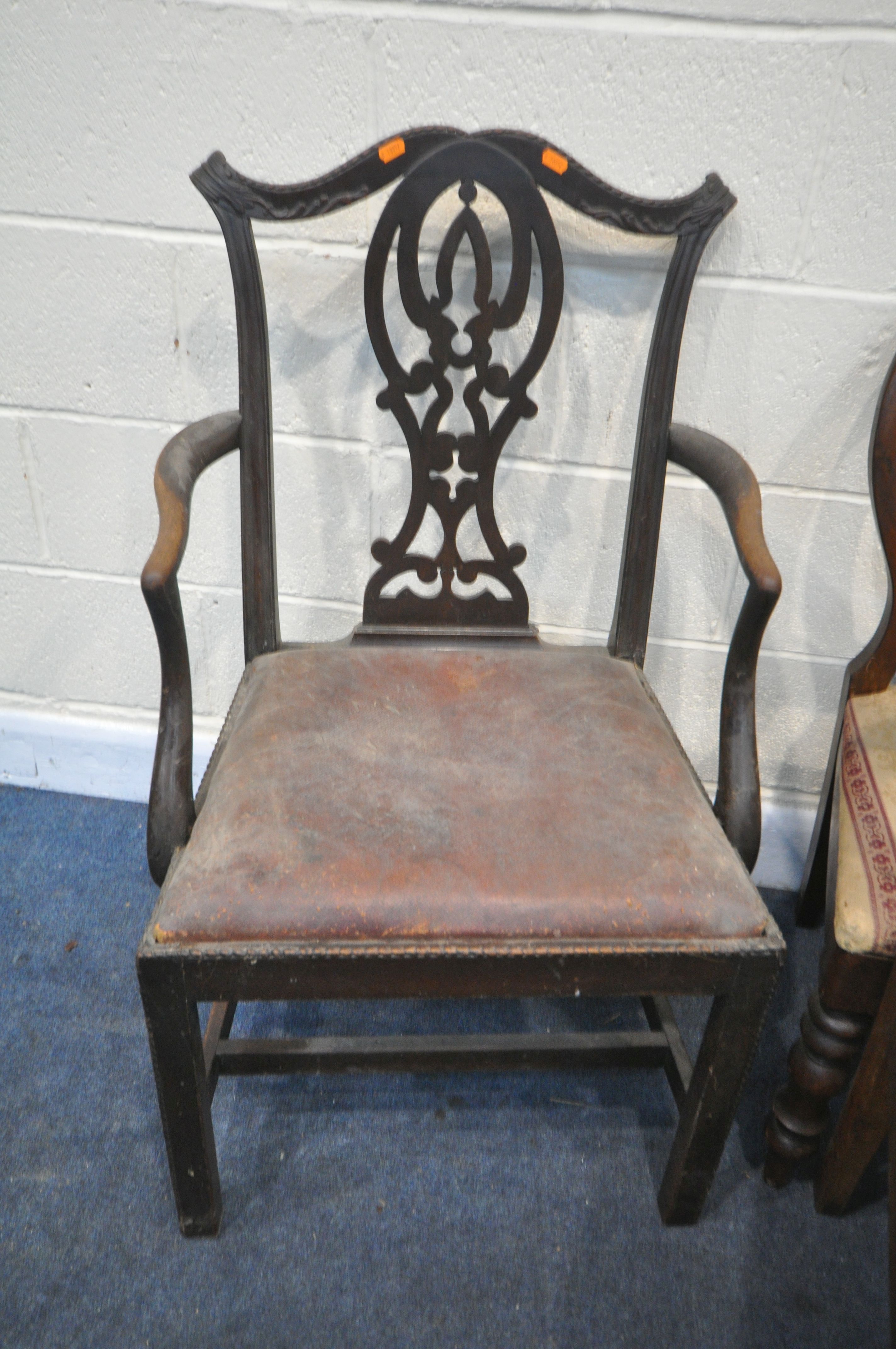 A SET OF SIX MAHOGANY BALLOON BACK DINING CHAIRS, with stripped seat pads, and a Chippendale style - Image 4 of 4