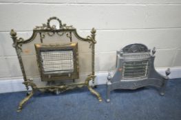 A FRENCH GILT BRASS HEATER FIRESCREEN, width 77cm x height 75cm, and a stainless steel Regency style