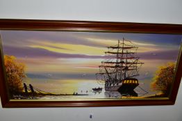 GORDON ALLEN (BRITISH 20TH CENTURY) A NOSTALGIC SCENE DEPICTING A SQUARE RIGGED SHIP AT ANCHOR,