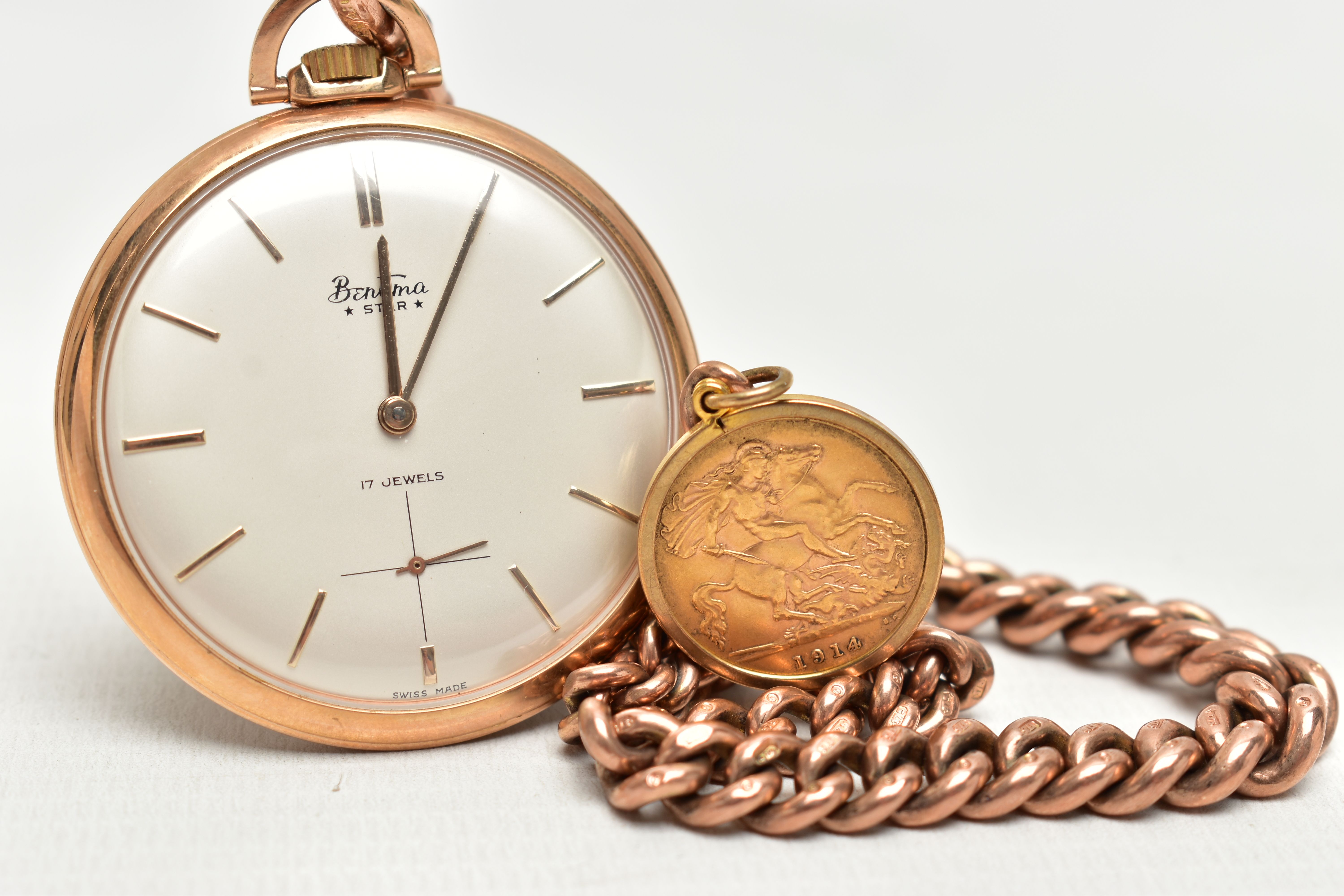 A 9CT GOLD ALBERT CHAIN WITH A 'BENTIMA' POCKET WATCH AND A HALF SOVEREIGN COIN, graduated rose gold - Image 2 of 3