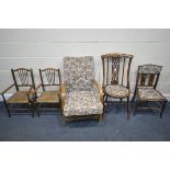 AN EDWARDIAN MAHOGANY AND INLAID BOW TOP CHAIR, an Edwardian chair, a pair of rush seated child's
