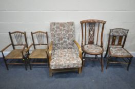 AN EDWARDIAN MAHOGANY AND INLAID BOW TOP CHAIR, an Edwardian chair, a pair of rush seated child's