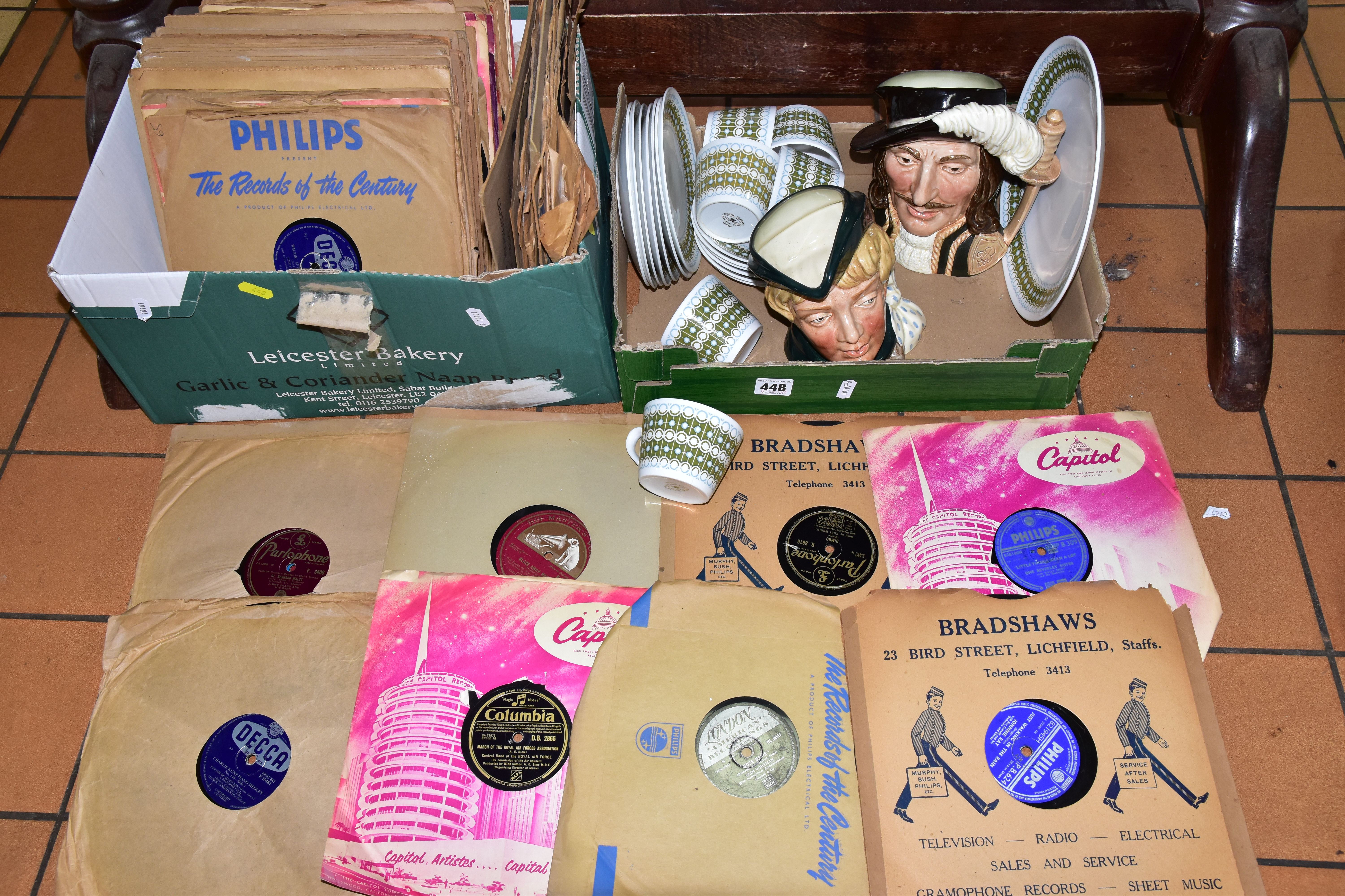 TWO BOXES OF CERAMICS AND 78RPM RECORDS, to include a twenty piece Royal Tuscan Cadenza part teaset,