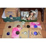 TWO BOXES OF CERAMICS AND 78RPM RECORDS, to include a twenty piece Royal Tuscan Cadenza part teaset,