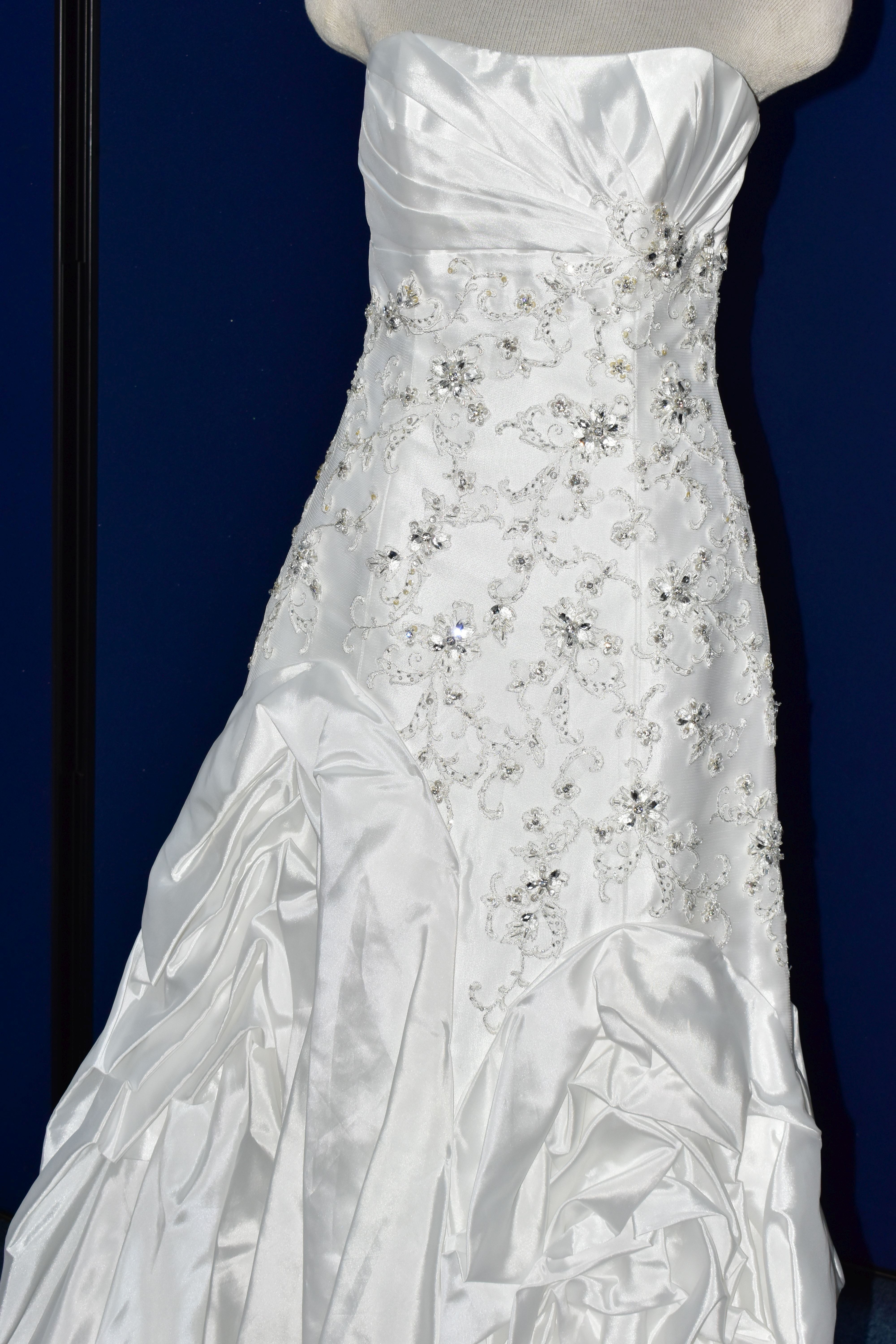 WEDDING GOWN, 'Sophia Tolli' white satin, size 8, strapless, ruched skirt, beaded detail on - Image 2 of 17