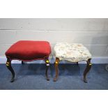 TWO VICTORIAN FOOTSTOOLS, the largest with burgundy fabric upholstery, on cabriole legs, width