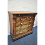 A VICTORIAN FLAME MAHOGANY SCOTTISH CHEST OF EIGHT DRAWERS, with turned handles, and feet, width