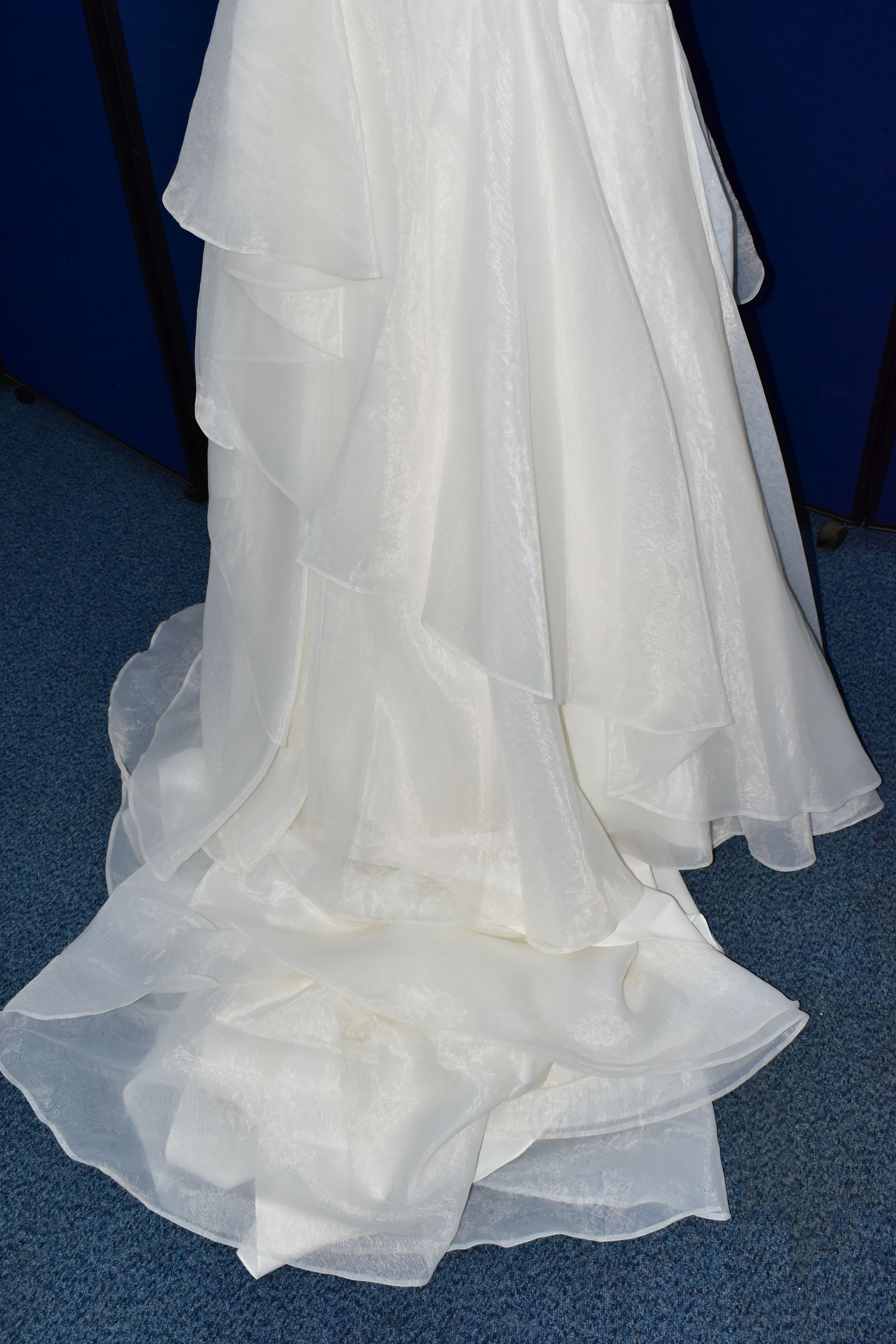 WEDDING DRESS, size 6, long train, pewter accent beaded appliques, strapping detail in the back, - Image 7 of 10