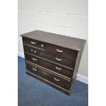 AN EARLY 20TH CENTURY STAINED OAK CHEST OF TWO SHORT OVER THREE LONG DRAWERS, width 106cm x depth