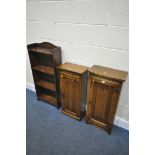 TWO OLD MILL OAK SINGLE DOOR CD CABINETS, and an open bookcase (3)