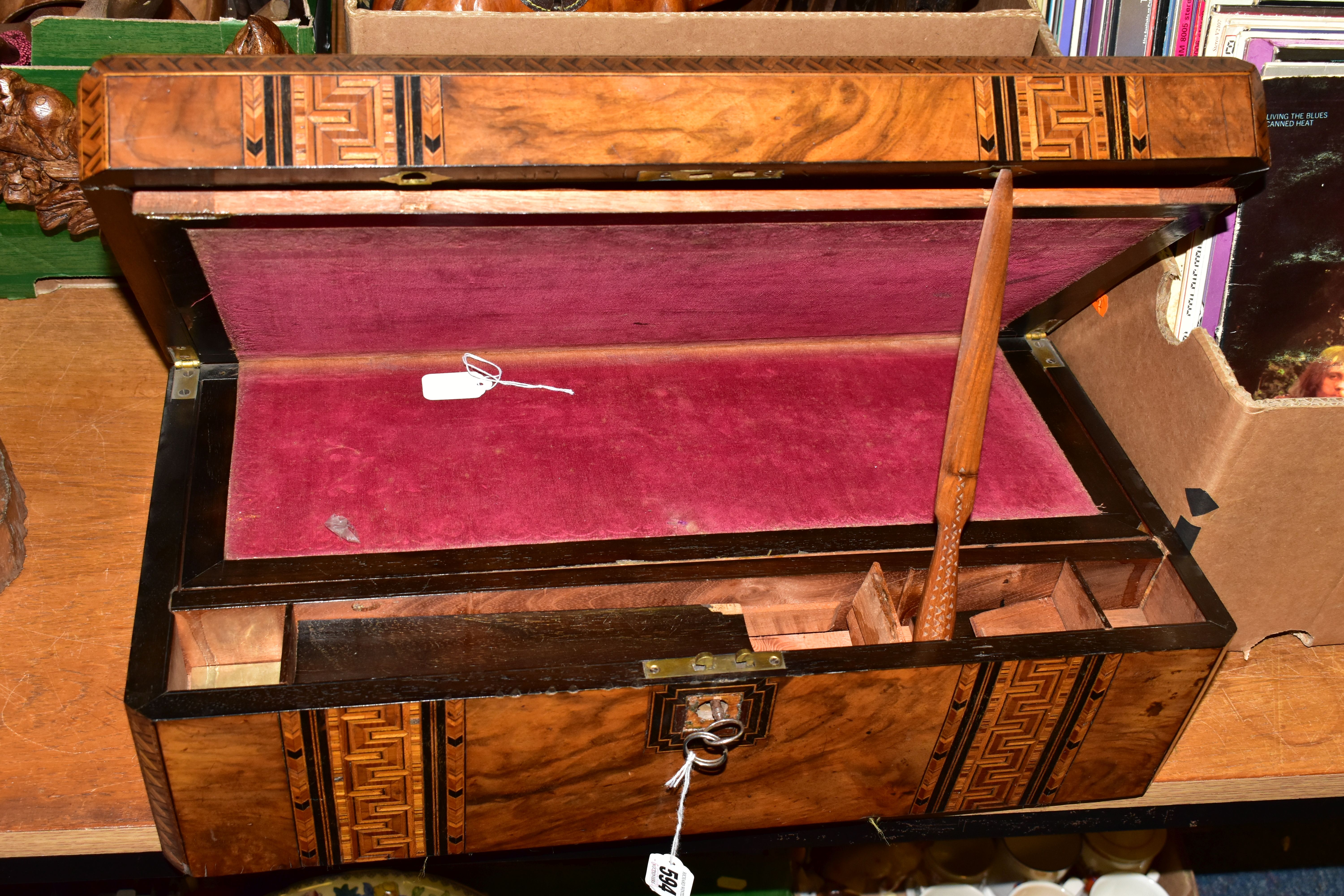 A LARGE TUNBRIDGE WARE WRITING SLOPE, in need of some attention, with inlaid chamfered edges,