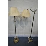 AN EARLY 20TH CENTURY BRASS FLOOR STANDING READING LIGHT, with a scrolled arm, height 167cm, with