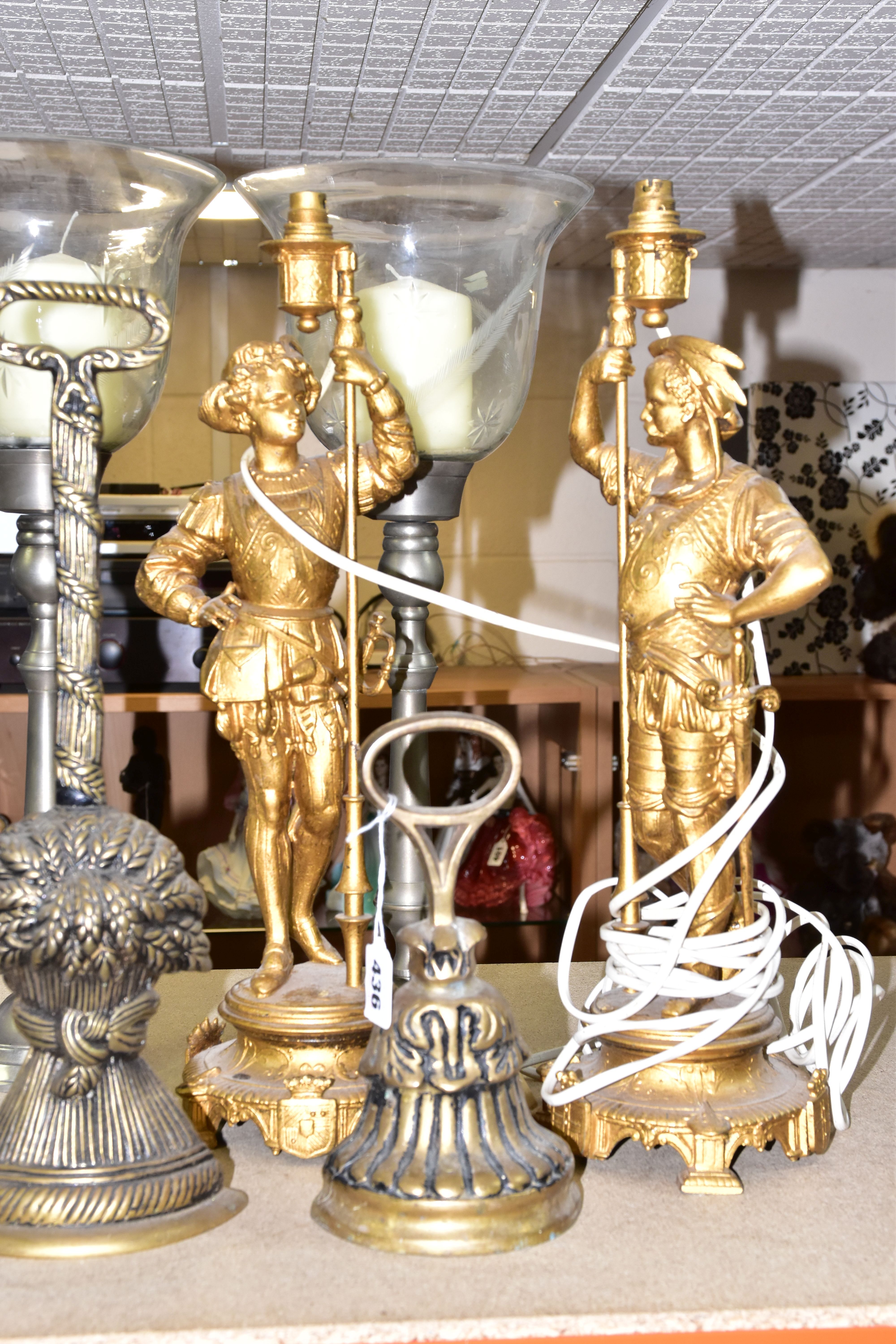 A GROUP OF METALWARE AND TABLE LAMPS, comprising a pair of early 20th Century figural table lamps in - Image 3 of 5