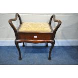 AN ATCRAFT MAHOGANY PIANO STOOL, with a floral upholstered hinged seat, on cabriole legs, width 57cm