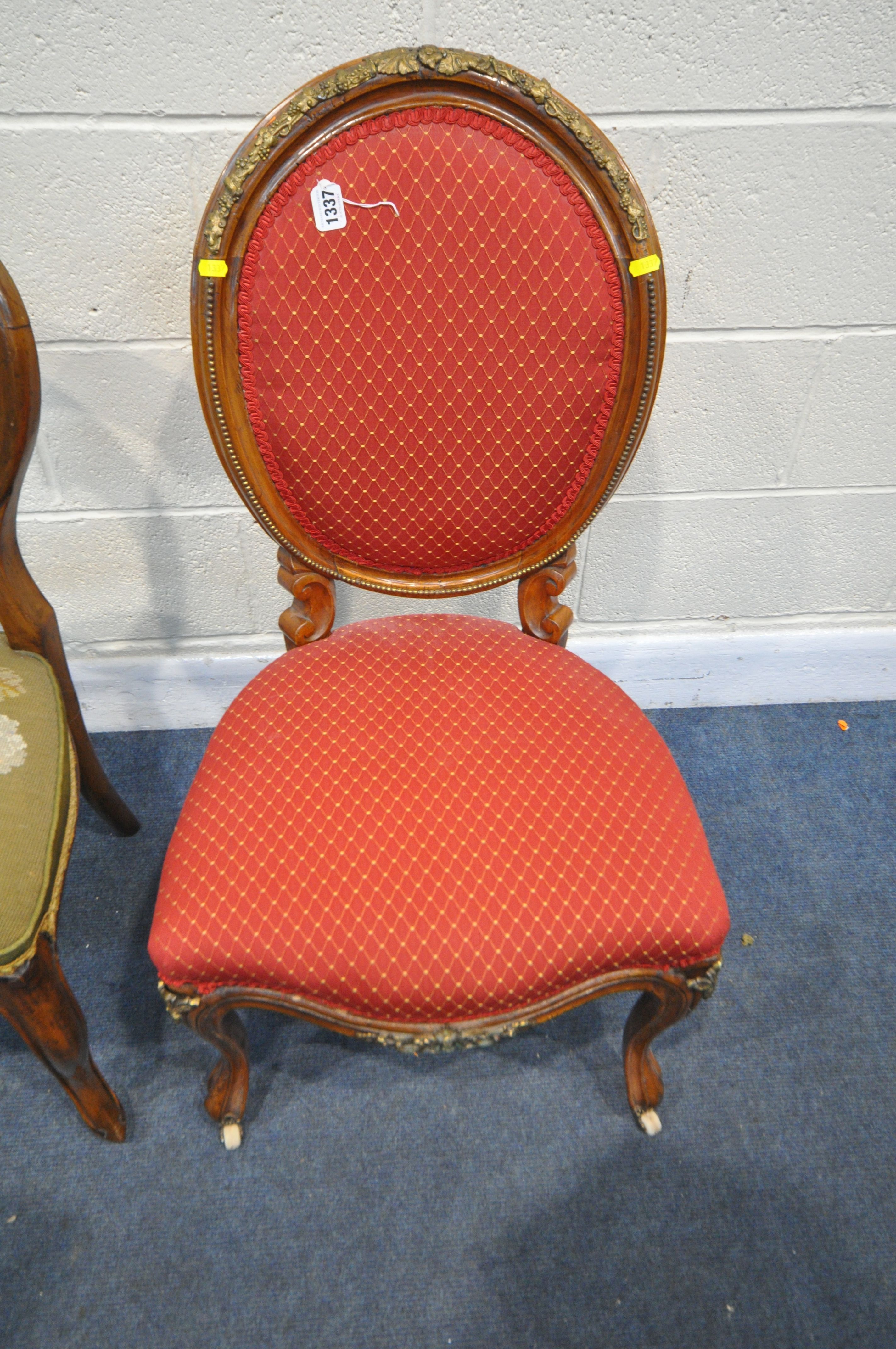 A 19TH CENTURY LOUIS XVI STYLE WALNUT SPOON BACK CHAIRS, with brass mounts, and red fabric, along - Image 2 of 4