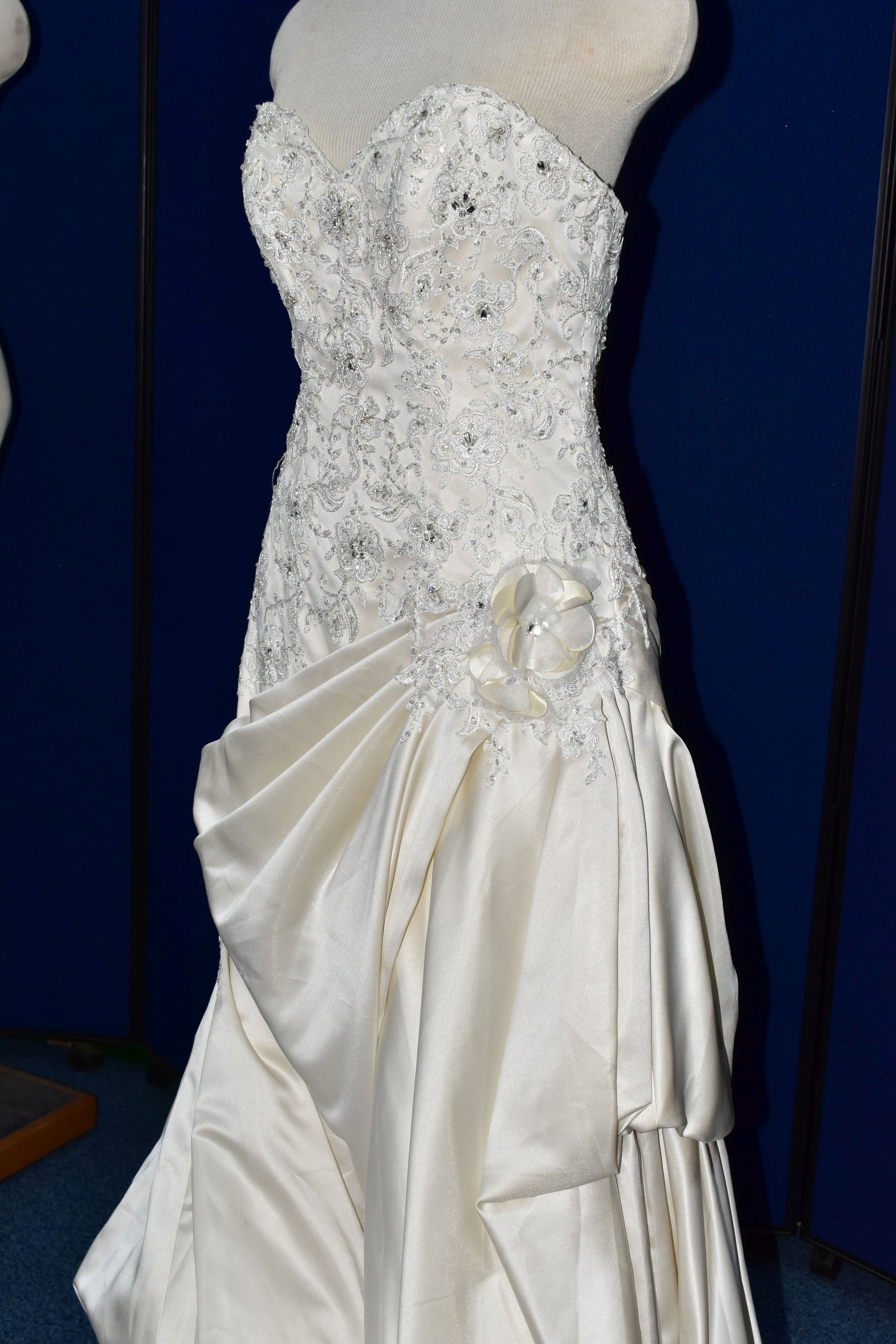 WEDDING GOWN, champagne, size 10/12, satin with beaded appliques, gathered satin skirt (1) - Image 9 of 13