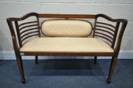 AN EDWARDIAN MAHOGANY AND INLAID SOFA, with patterned gold fabric, length 99cm (condition:-good