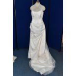 WEDDING DRESS, ivory satin, beaded straps, long train, UK size 14, slight staining under arms (1)