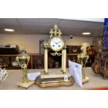 A VICTORIAN FRENCH MARBLE PORTICO CLOCK GARNITURE, with key pendulum and striking bell movement