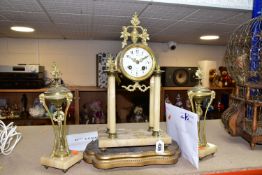 A VICTORIAN FRENCH MARBLE PORTICO CLOCK GARNITURE, with key pendulum and striking bell movement