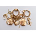 ASSORTED YELLOW METAL JEWELLERY, to include a pair of hoop earrings, two pairs of stud earrings,