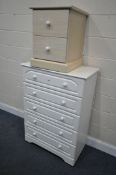 A WHITE FINISH CHEST OF FIVE LONG DRAWERS, width 84cm x depth 47cm x height 118cm, and a beech two