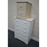 A WHITE FINISH CHEST OF FIVE LONG DRAWERS, width 84cm x depth 47cm x height 118cm, and a beech two