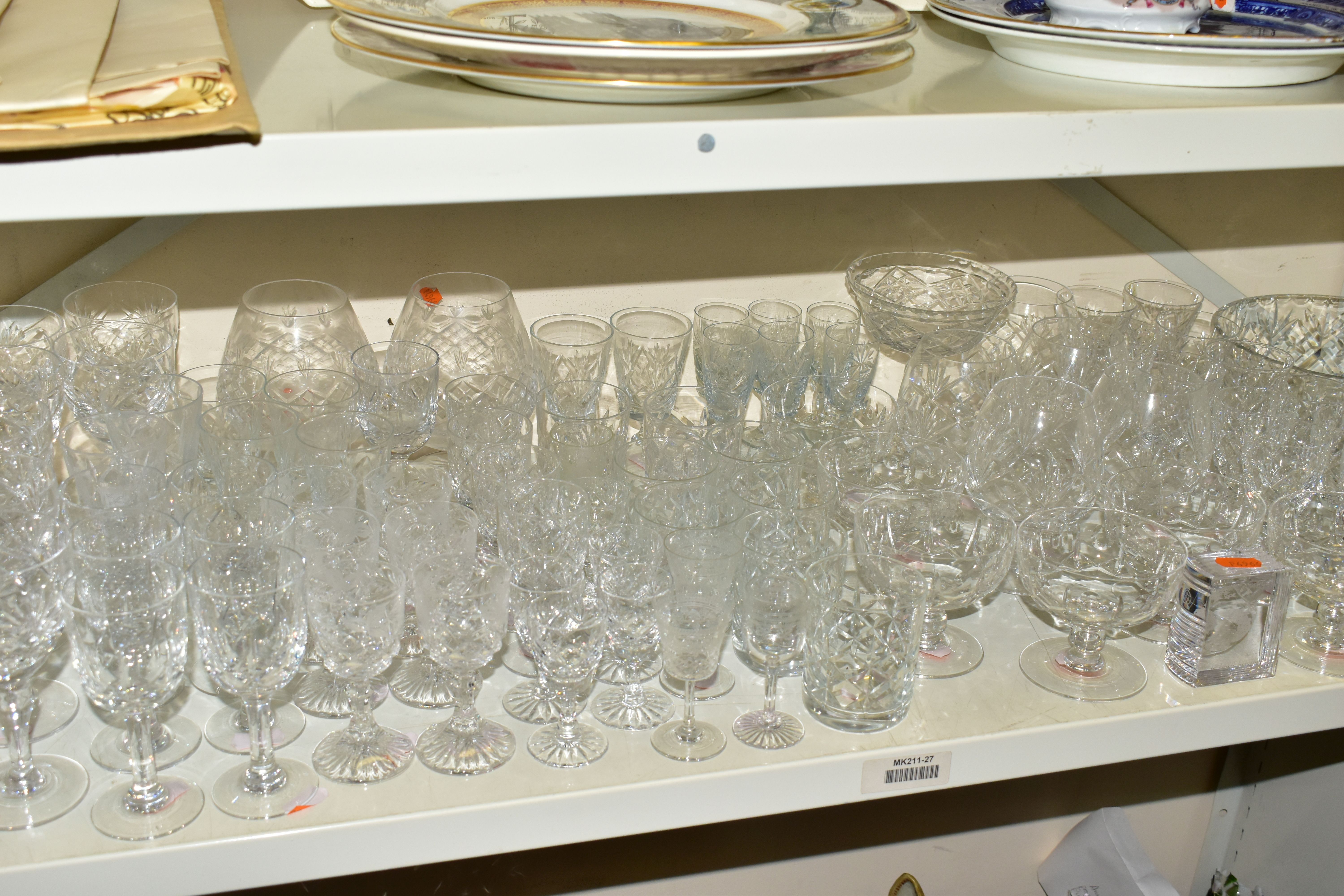 A QUANTITY OF CUT GLASS DRINKING GLASSES ETC, to include a set of ten wine glasses, a set of six