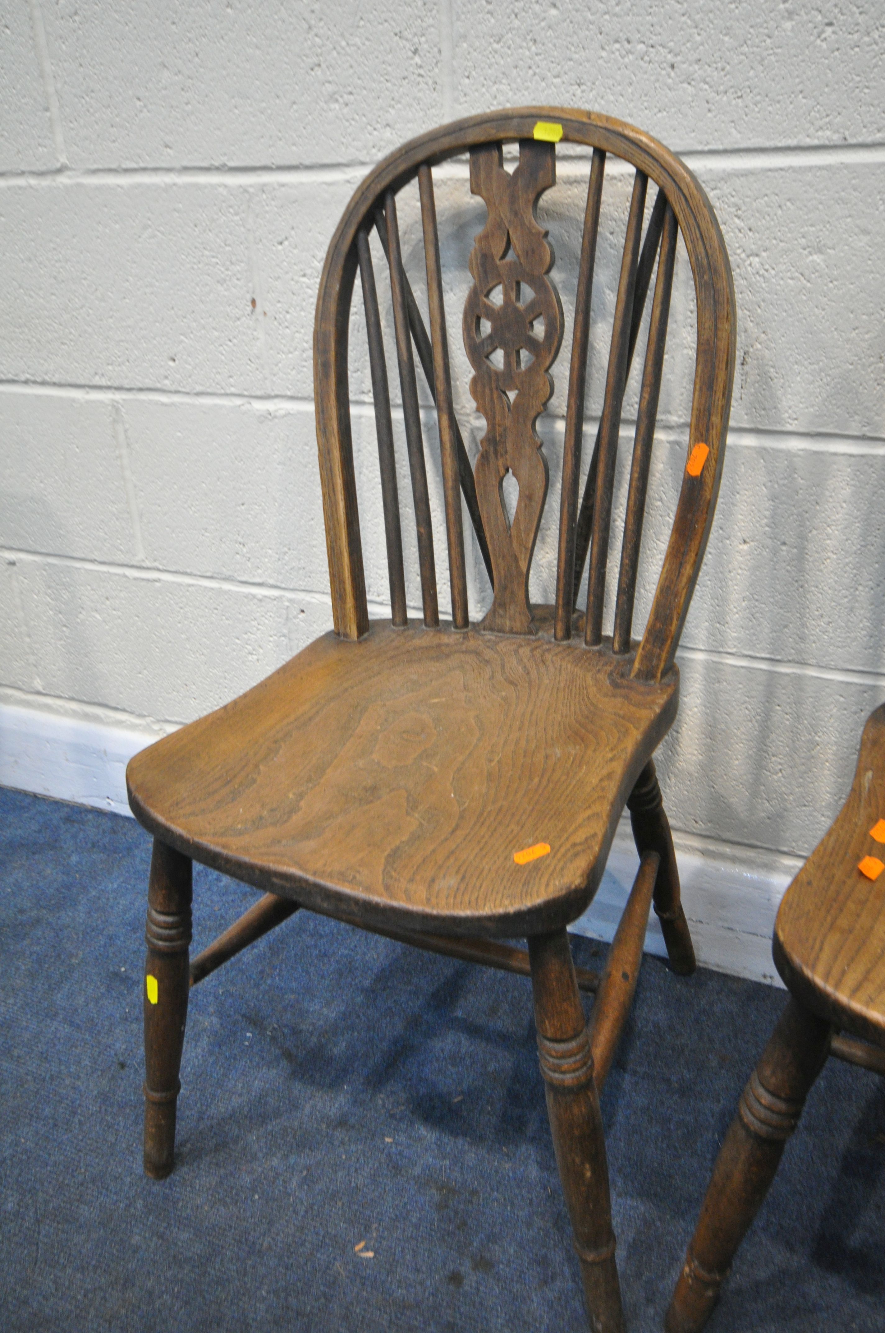 A SET OF SIX 19TH CENTURY ELM AND BEECH WHEELBACK CHAIRS (condition:-historical woodworm, some - Image 3 of 3