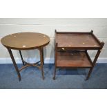 AN EDWARDIAN MAHOGANY AND CROSSBANDED OVAL OCCASIONAL TABLE, on square legs, united by a cross