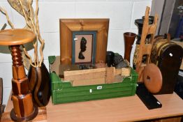 A BOX AND LOOSE TREEN AND HOMEWARES, to include carved tourist ware masks and figures,