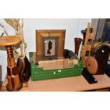 A BOX AND LOOSE TREEN AND HOMEWARES, to include carved tourist ware masks and figures,