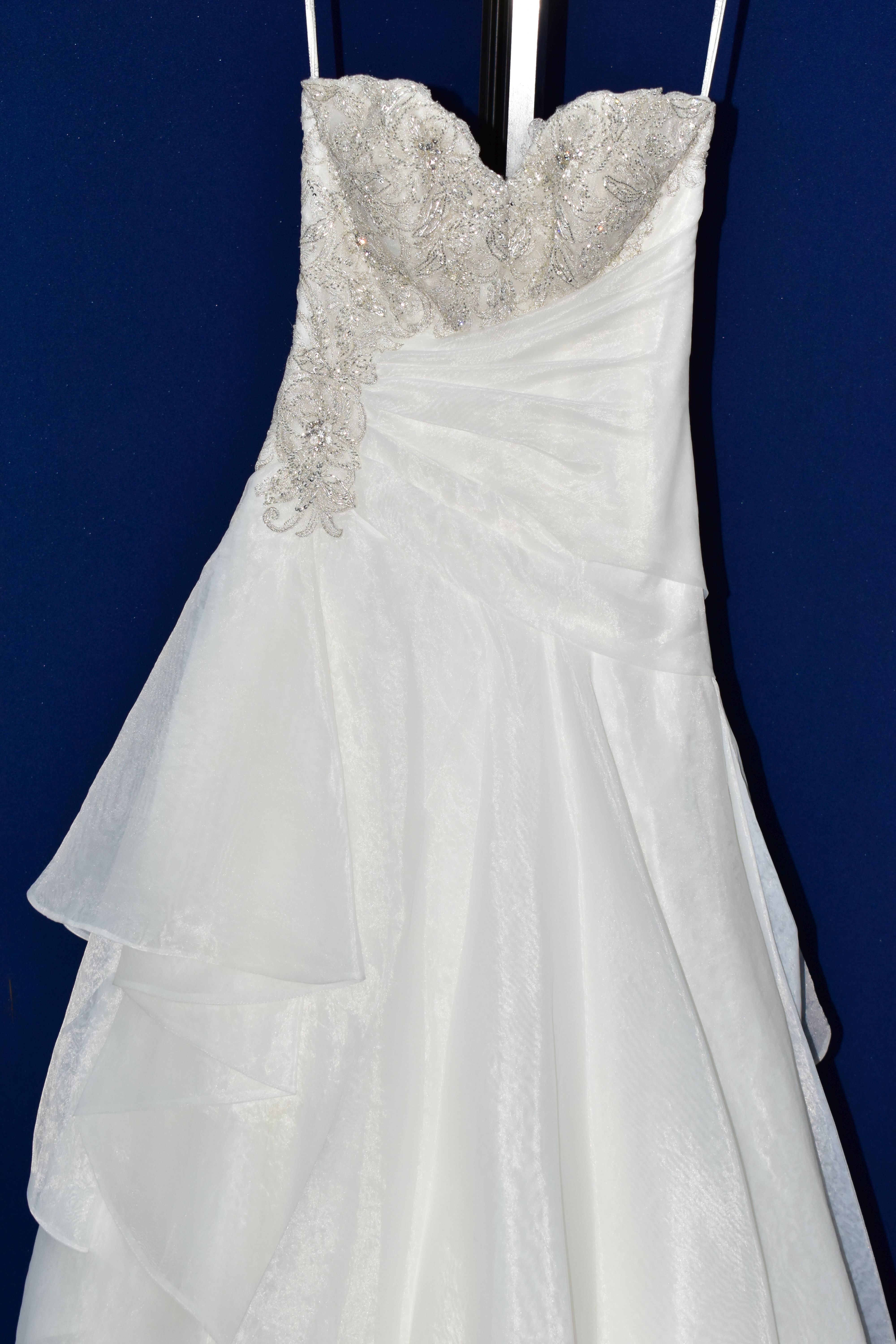 WEDDING DRESS, size 6, long train, pewter accent beaded appliques, strapping detail in the back, - Image 2 of 10
