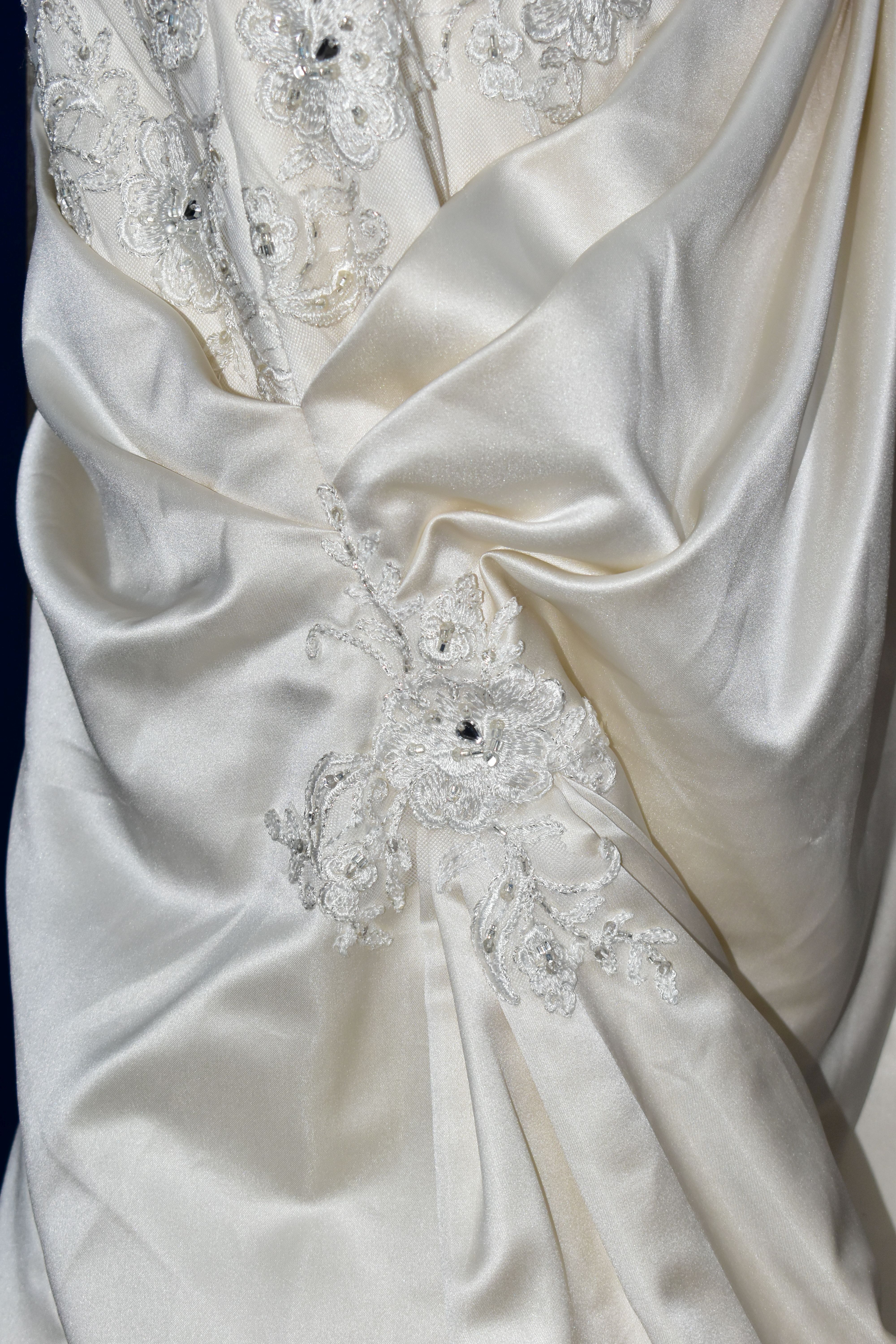 WEDDING GOWN, champagne, size 10/12, satin with beaded appliques, gathered satin skirt (1) - Image 7 of 13