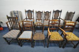 A SELECTION OF CHAIRS, to include a set of four early 20th century oak chairs, including two