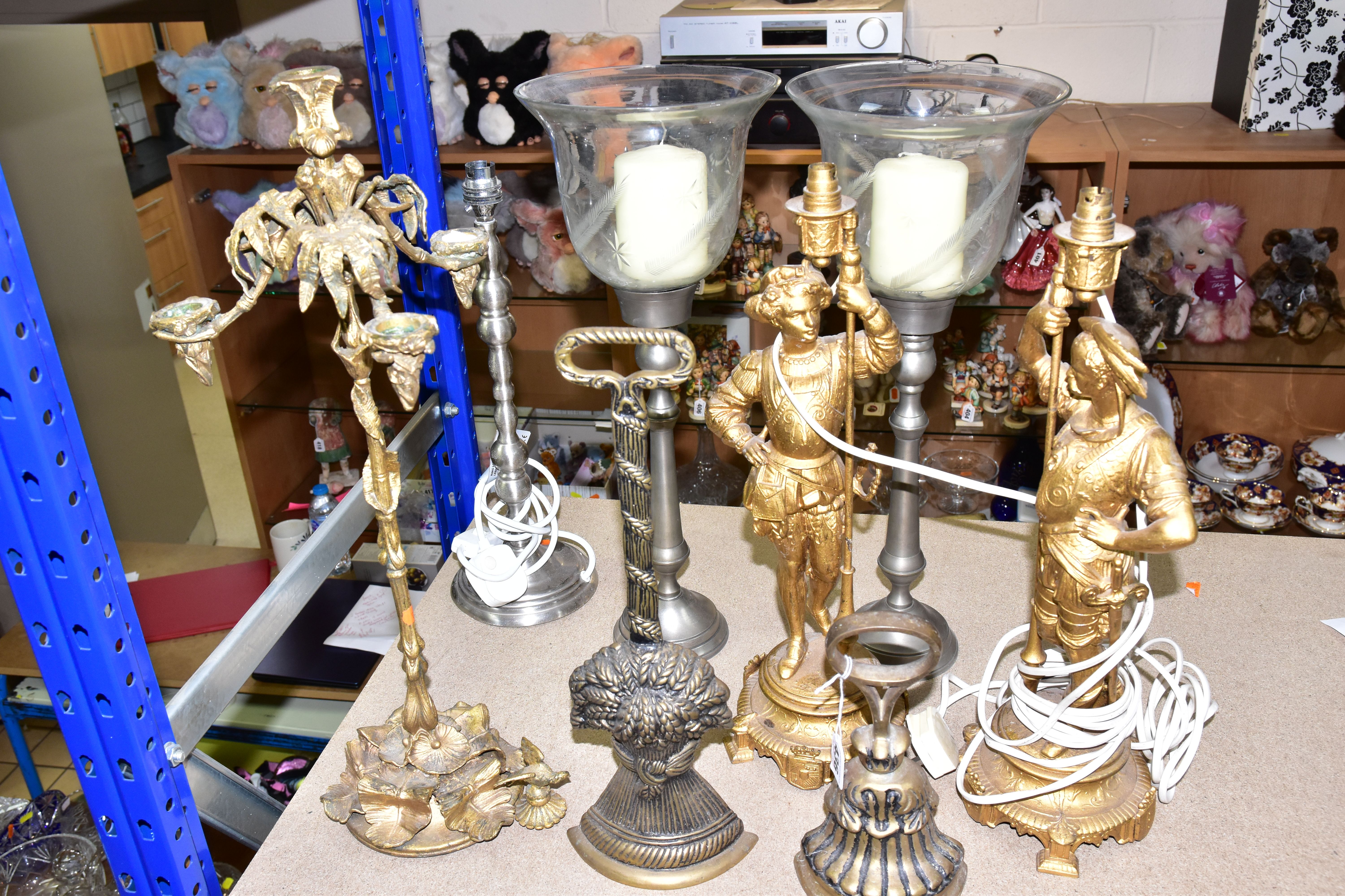 A GROUP OF METALWARE AND TABLE LAMPS, comprising a pair of early 20th Century figural table lamps in - Image 4 of 5