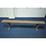 A 19TH CENTURY PINE BENCH, length 203cm (condition:-some wear to finish)