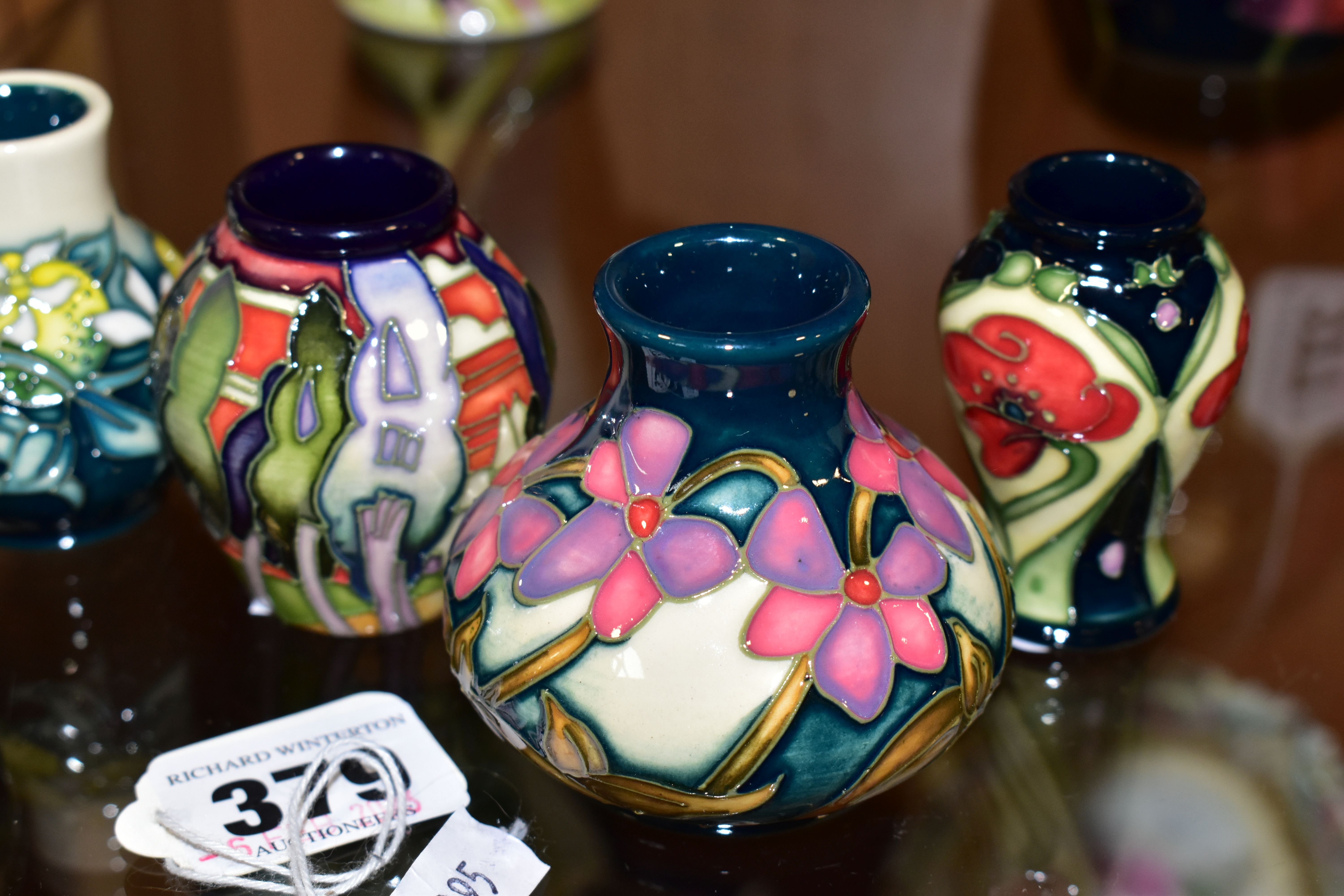 FIVE MINIATURE MODERN MOORCROFT VASES, comprising a 2007 'Lodge Hill' design, 2008 'Lord of Leith - Image 2 of 4