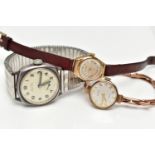 TWO LADY'S 9CT GOLD WRISTWATCHES AND A 'BUREN' WRISTWATCH, the first manual wind 'Griffon' watch,