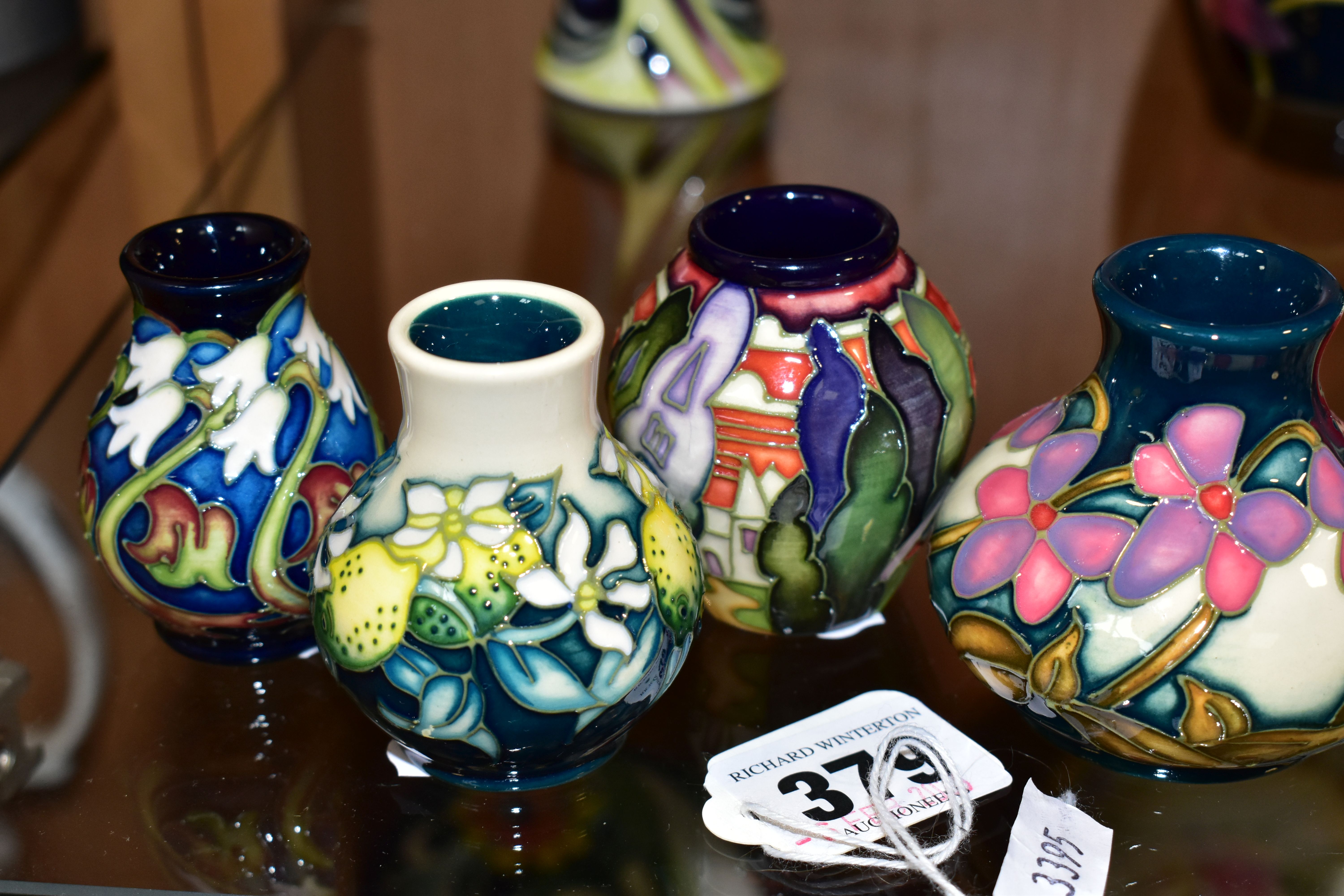 FIVE MINIATURE MODERN MOORCROFT VASES, comprising a 2007 'Lodge Hill' design, 2008 'Lord of Leith - Image 3 of 4