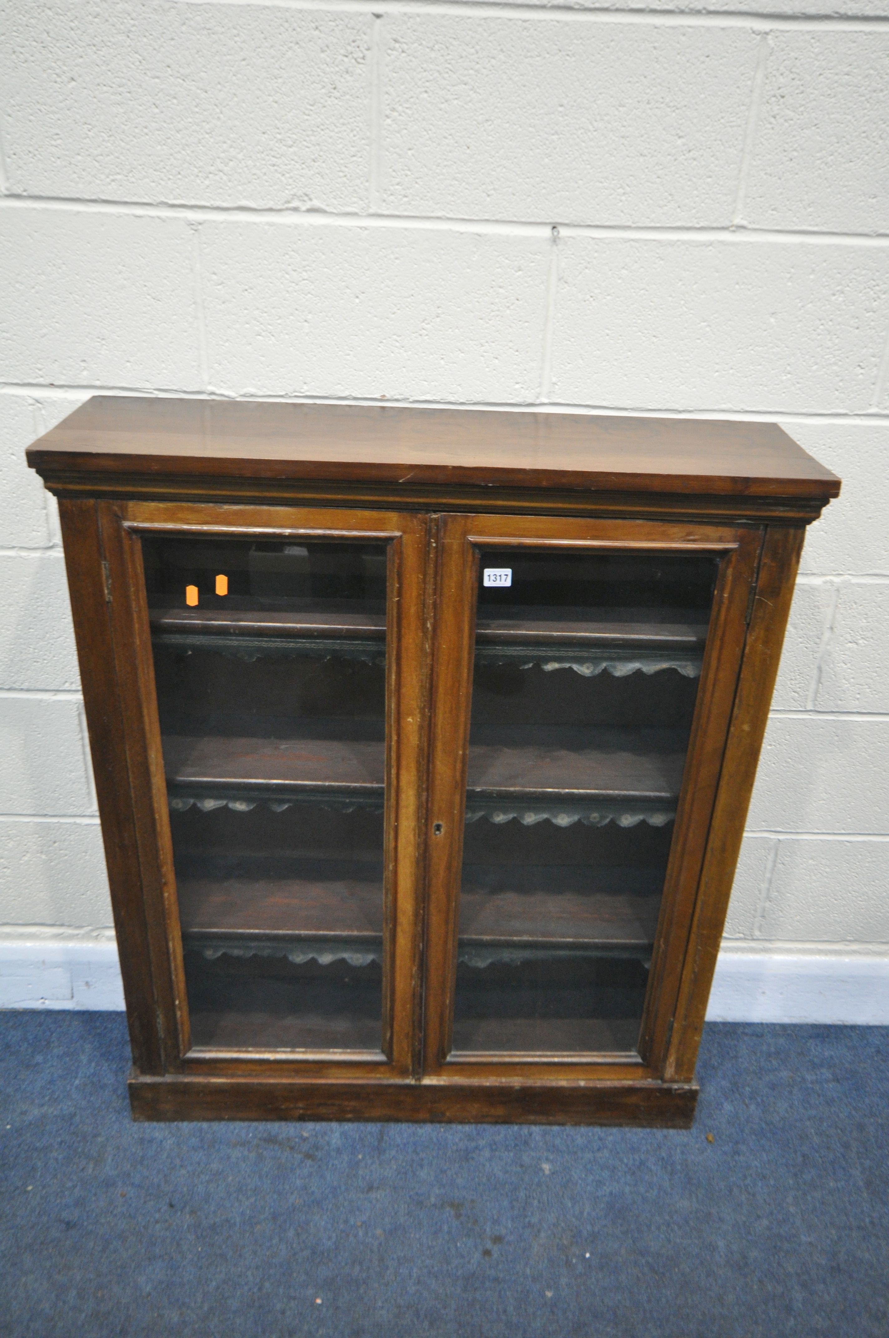 A VICTORIAN MAHOGANY GLAZED DOUBLE DOOR BOOKCASE, with three adjustable shelves, width 90cm x - Image 2 of 2